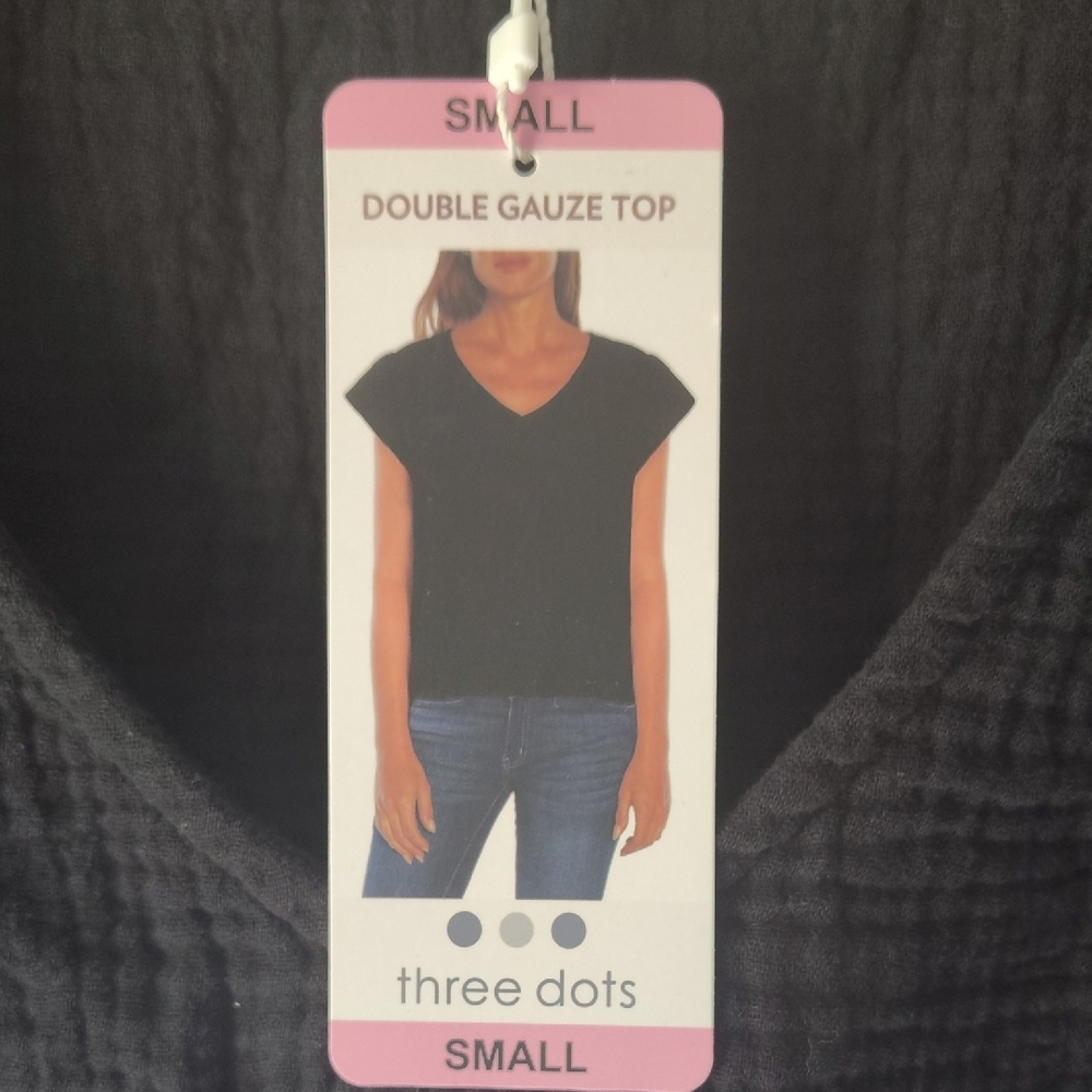 Three Dots Black V-Neck Women's Double Gauze Top NWT Small - Picture 3 of 9